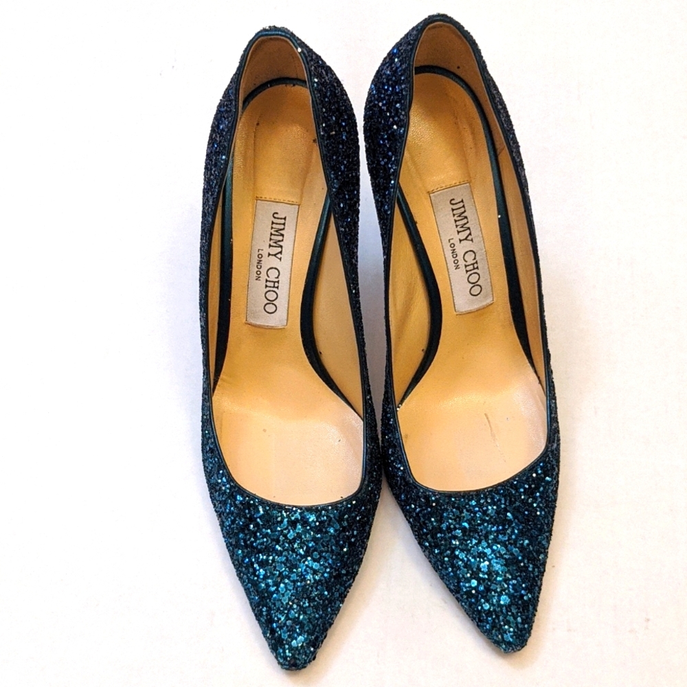 Jimmy Choo Teal Glitter Pointed Toe Pumps - Picture 3 of 10